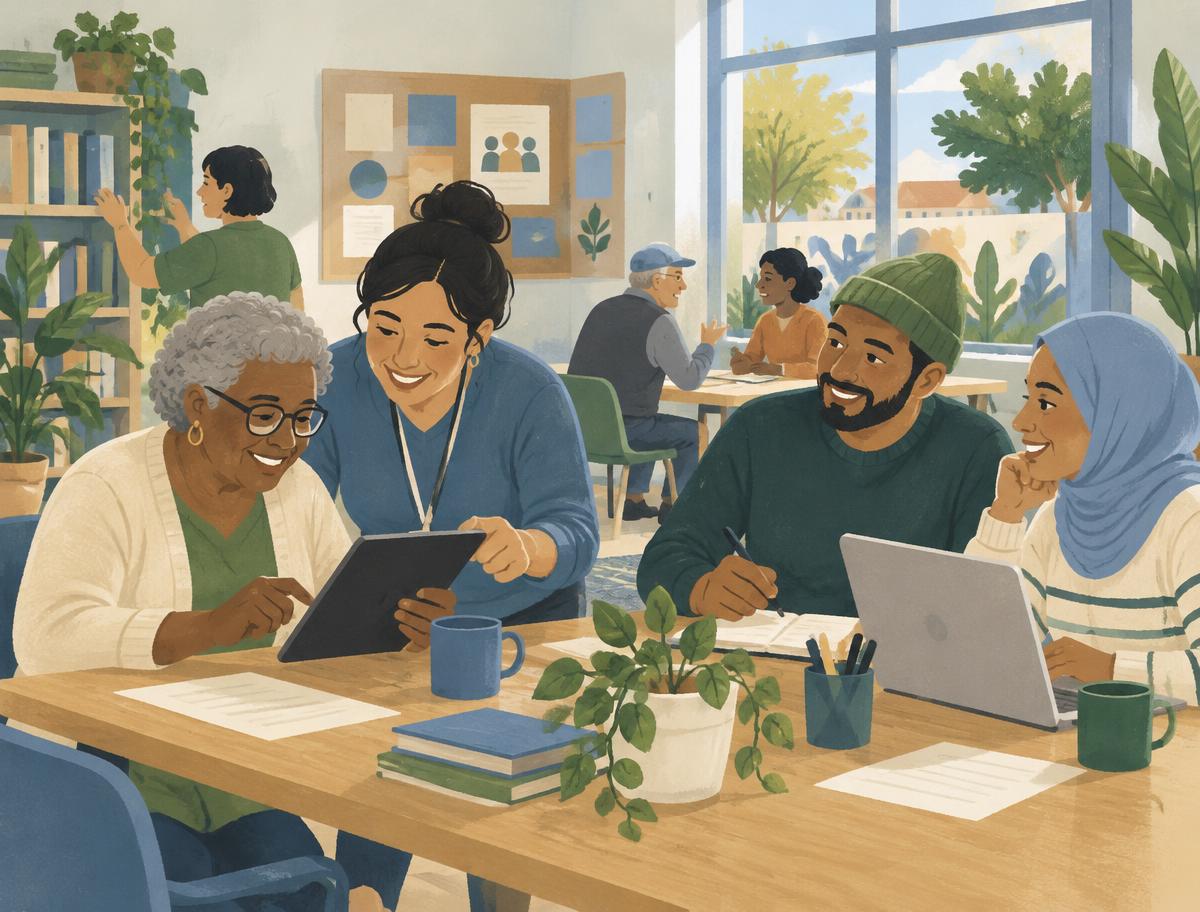Illustration of neighbors and volunteers working together at a community center, one helping another with a tablet