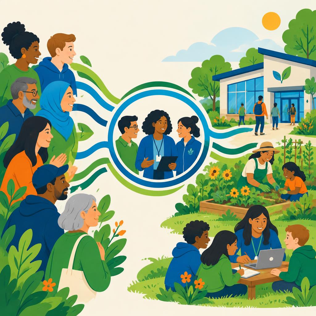 Illustration of supporters connected through a circle of helpers to a community center where people garden, learn, and work together