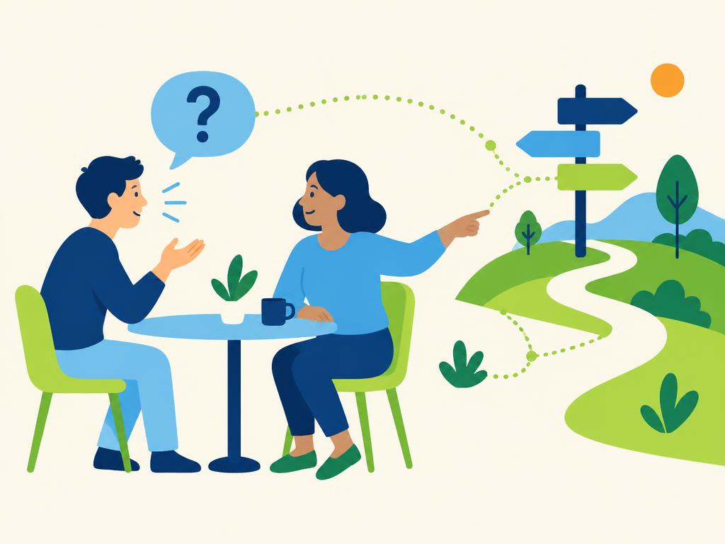 Illustration of one person asking a question while another points toward a path with signposts