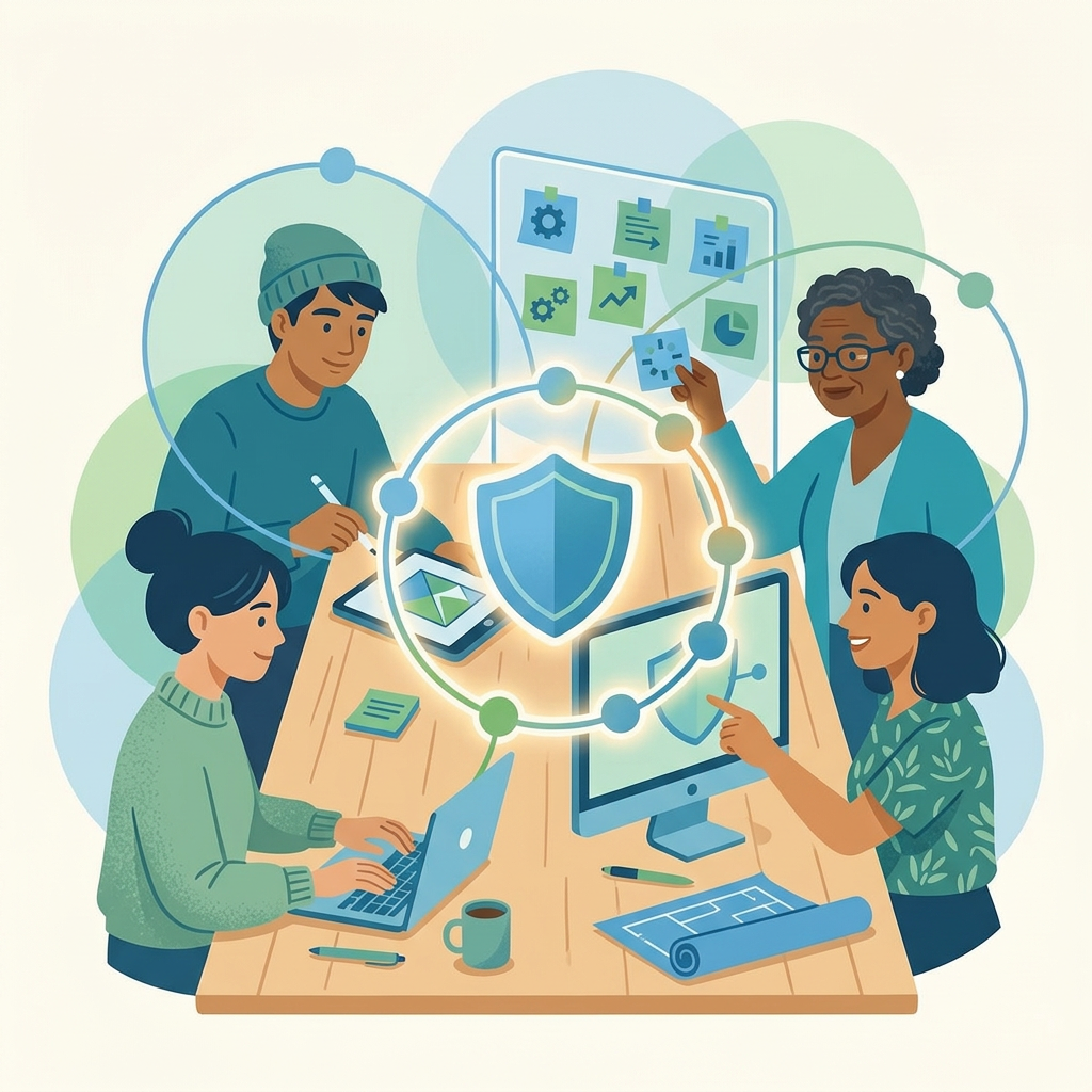 Illustration of volunteers with different skills collaborating around a table: coding on a laptop, sketching a design, planning with sticky notes and reviewing website security