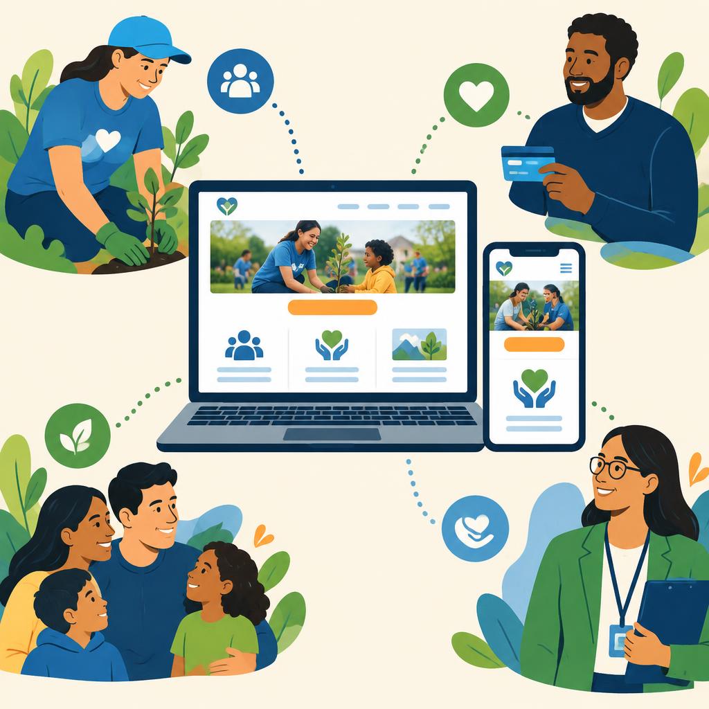 Illustration of a nonprofit website on a laptop and phone, connected to a volunteer, a donor, a family and a nonprofit staff member